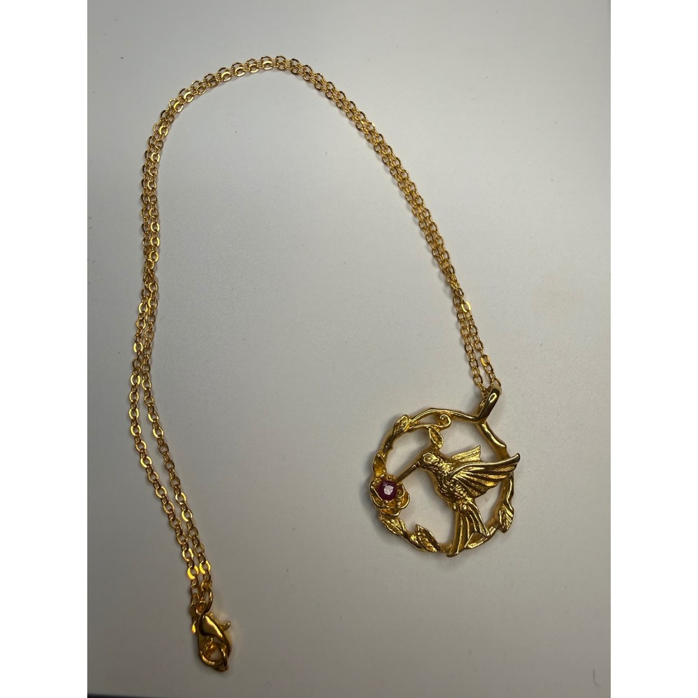JJ Jonette Jewelry Gold Tone Hummingbird Pendant Necklace Red Rhinestone Flower
